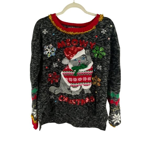 United States Sweaters Holiday Cat Ugly Christmas Sweater M Gray Red Festive Kni - Picture 1 of 7